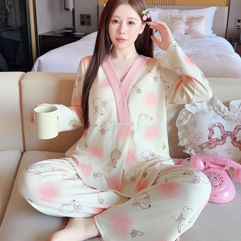 带胸垫夏季薄款怀孕期睡衣产后哺乳月子服孕妇专用可外穿喂奶套装|undefined