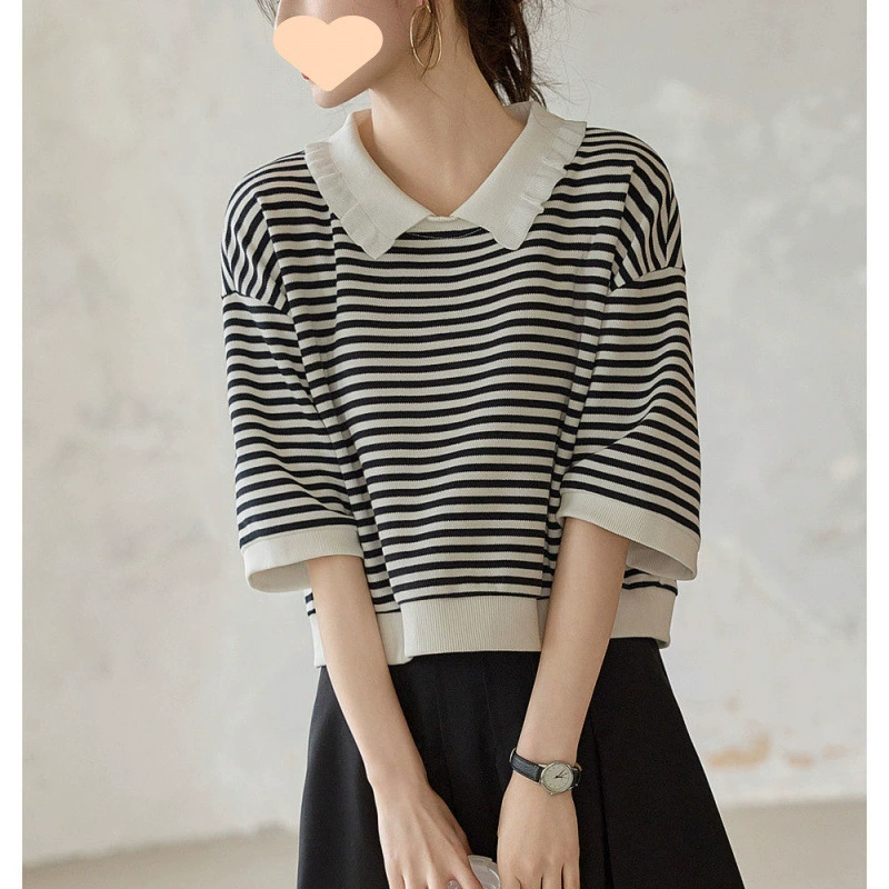 Летний новый студенческий стиль, уменьшающий возраст кукольный воротник, модная свободная полосатая короткая рубашка с рукавами три четверти, женский костюм с юбкой