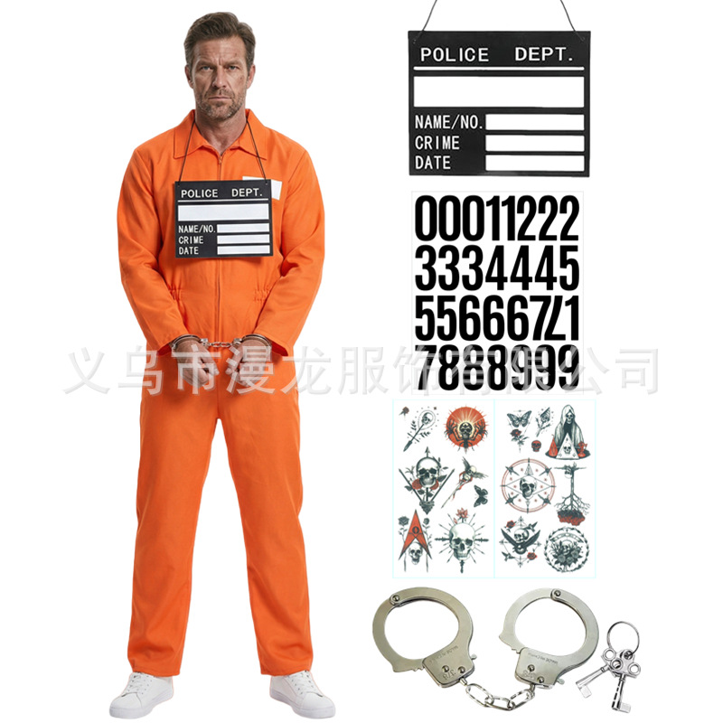 Adult Orange Prisoner Jumpsuit Halloween Prison Inmate Cosplay Outfit with Photo Tag and Handcuffs for Party