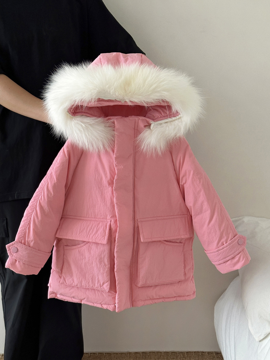 Otoño e Invierno DE LOS NIÑOS abajo chaqueta de media longitud espesado cuello de piel grande pato blanco abajo ropa de los niños abajo chaqueta abrigo de invierno