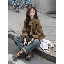 复古咖色牛仔短外套早秋新款小众宽松立领工装夹克上衣女