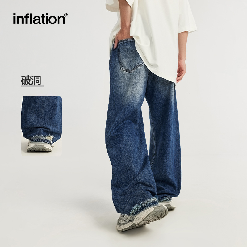 Infメンズ | レトロな穴が開いているワイドジーンズ2024春夏の新商品ファッションブランドシンプルなストレートパンツ男|undefined