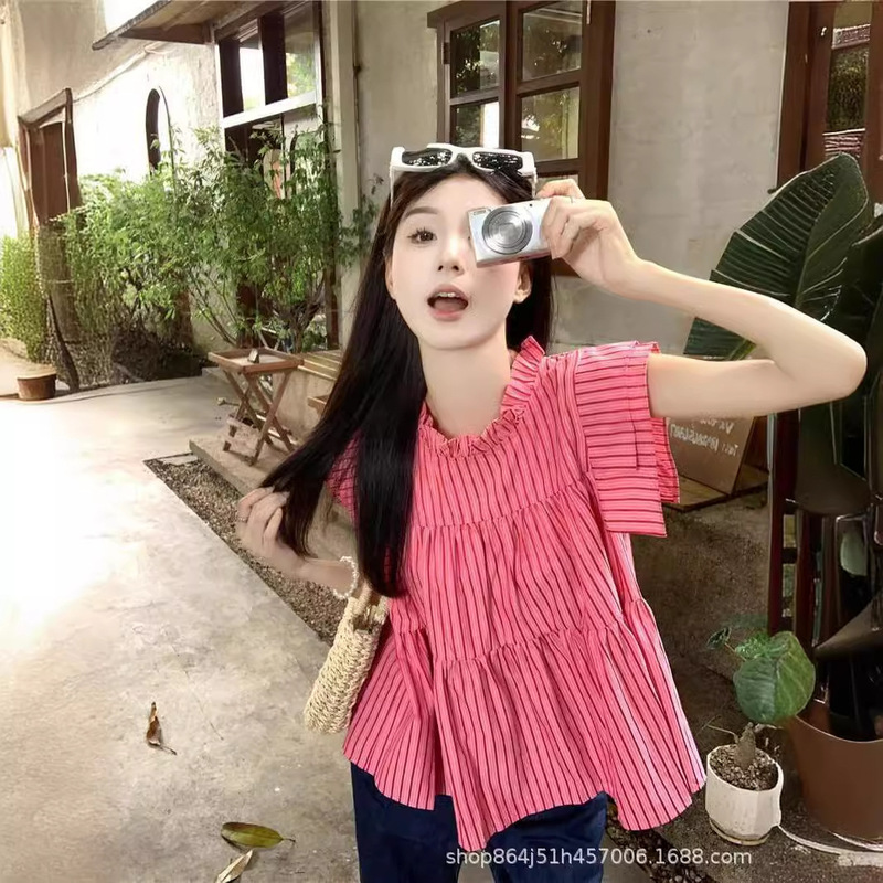 New Casual Loose Feifei Sleeve Class Uniform Shirt Women's Summer Loose Slim Casual Striped Top Women's Summer