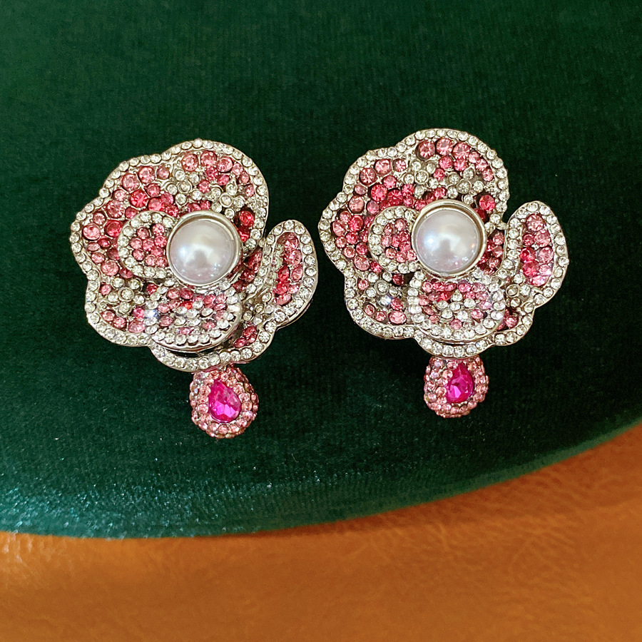 Medieval vintage aguja de plata con diamantes flores perlas pendientes exquisitos pendientes de estilo retro lujo ligero alta sensación de pendientes image 7