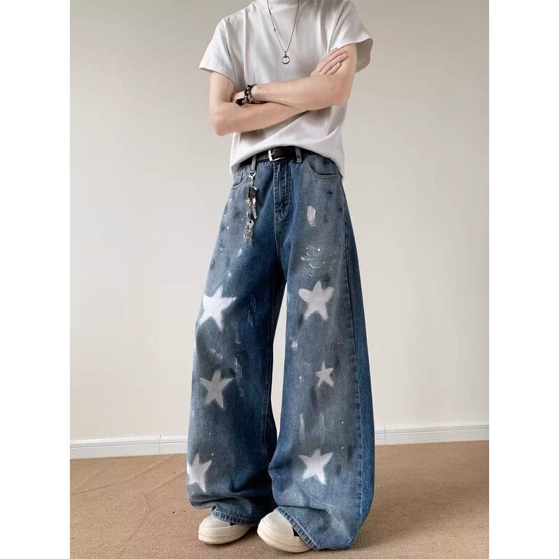 American High Street Distressed Paint Graffiti Five-Pointed Star Cleanfit Straight Wide-Leg Floor-Length Loose Jeans Trend