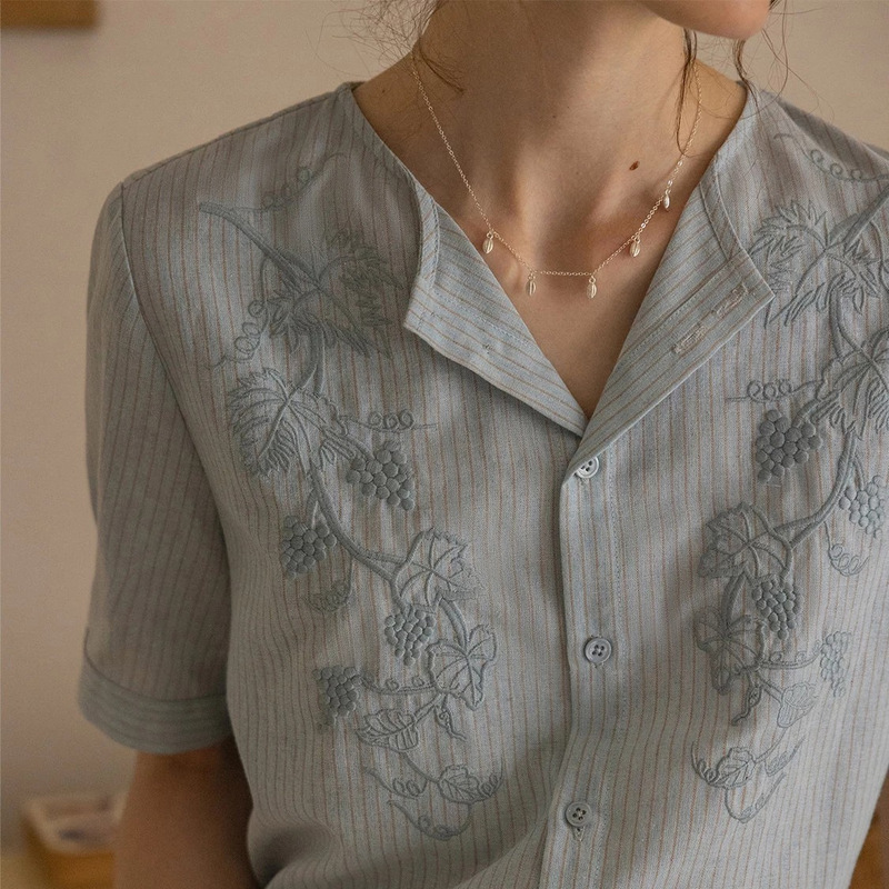 French-Style Retro Blue Three-Dimensional Embroidered Short-Sleeve Shirt for Women, Summer 2026 New Design Striped Turn-Down Collar Top