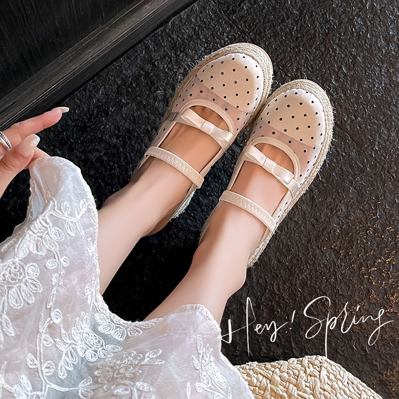 Xăng đan gót xuồng dệt đế dày 5cm bít mũi lưới phong cách nghỉ dưỡng — Lưới kim cương nóng, Lưới chấm bi, Lưới