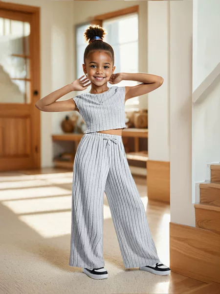Cross-border Foreign Trade INS Girls Summer Wear Children's Wear Rib Knitted Scratch Fabric Top Wide Leg Pants suit Suitable for 1-8