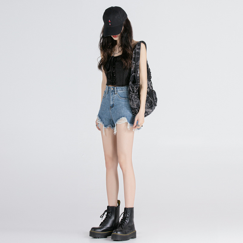 Rapped Denim Shorts Women's Summer 2023 New Thin High Waist Slimming Spice Girl Wide Leg A- Line Hot Pants