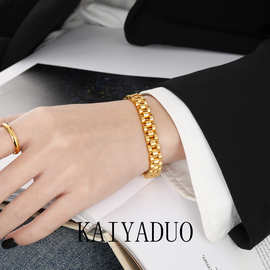 欧美时尚手表带手链女个性复古钛钢抛光电镀24K金色高级感手饰品