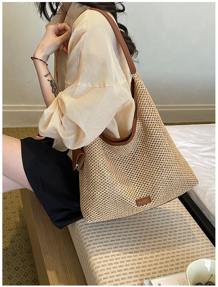 Gewebte Schultertasche Französischer Stil Gestreifte Strohtasche_voghion.com