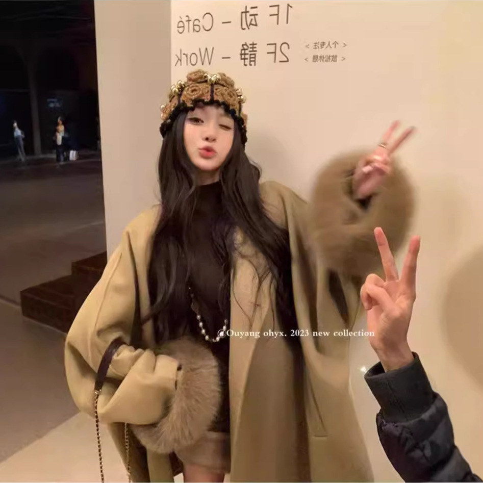 오우양 동일 스타일 2025 가을 겨울 신상 양면 캐시미어 코트 여성용 탈부착 가능한 여우털 모직 퍼 코트