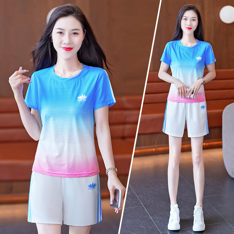Summer Ice Silk Quick-Drying Women's Short-Sleeved Gradient Casual Breathable Korean Style Shorts T-Shirt Fitness Running Sports Suit Trendy