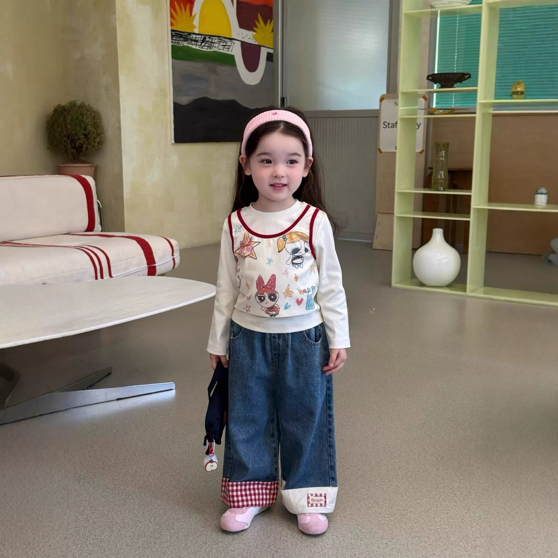 韩国童装25秋新款女童T恤小童韩版女宝宝卡通涂鸦假两件背心上衣