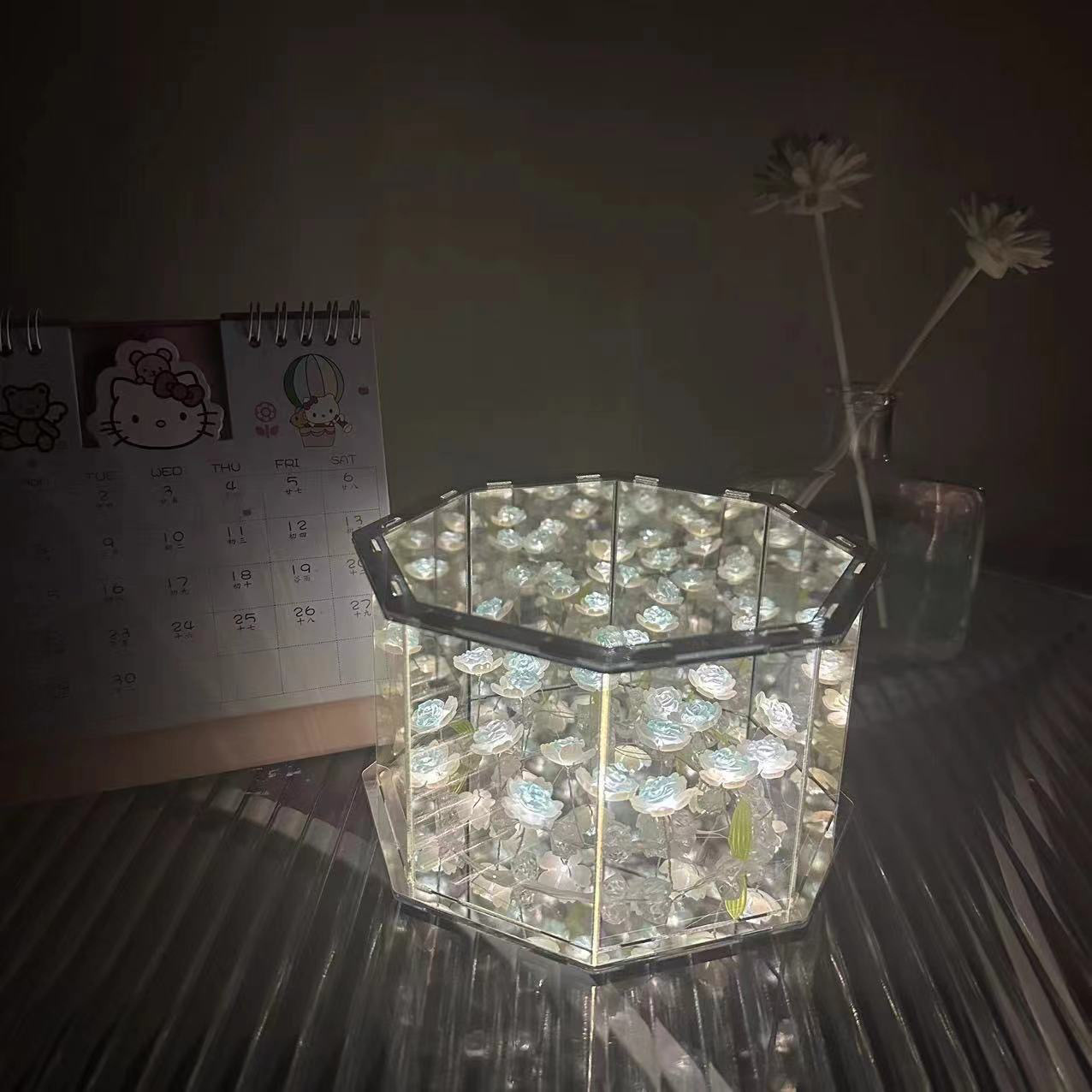 Diy hecha a mano caja de música tulipanas lámpara de noche mariposa rosa mar material paquete para regalo de día de San Valentín