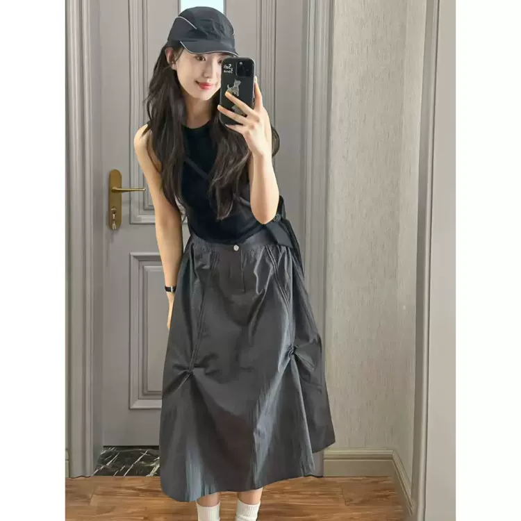 灰色工装裙女夏季2025新款高腰a字伞裙显瘦小个子美式复古半身裙