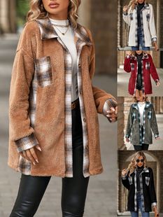 闪绒 Cross-border European and American Amazon women's autumn and winter new single-breasted lapel mid-length plaid plush jacket