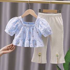 女童夏季套装2024新款时髦洋气泡泡袖阔腿裤碎花儿童娃娃衫两件套