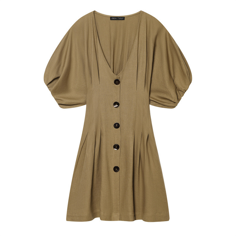Foreign Trade European and American Style 2026 Summer New Model Simple and Fashionable Linen Mini Waist-Cinching Dress 3293257
