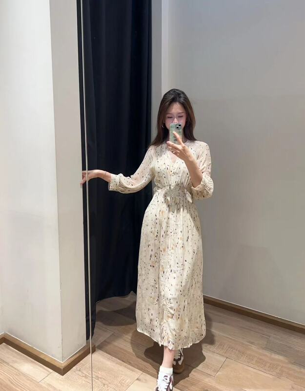 BA法式波西米亚风碎花裙女式印花裙V领收腰显瘦中长款连衣裙优雅|undefined