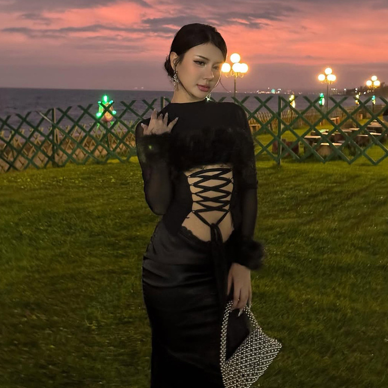 2025欧美夏季跨境新款时尚潮流纯色不规则毛绒修身长袖个性上衣女|undefined