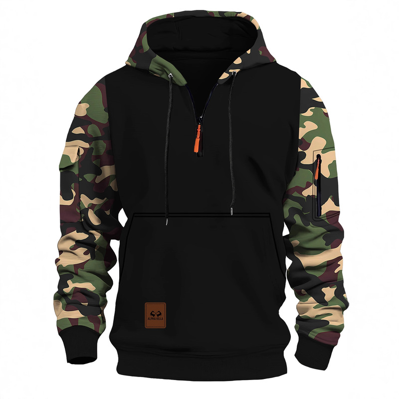 Amazon Autumn and Spring New Splicing Hooded Sweatshirt Men's Trendy Camouflage American Retro Sweatshirt Men's Zipper