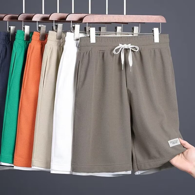 Shirt less clothing waffle shorts men's summer new Hong Kong style loose straight color matching fake two-piece shorts Shirt less clothing waffle shorts men's summer new Hong Kong style loose straight color matching fake two-piece shorts