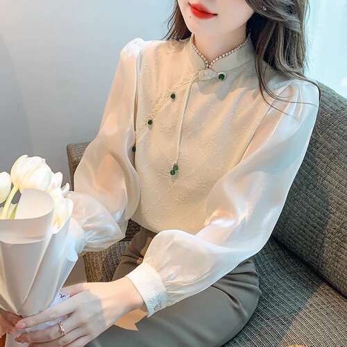 White New Chinese Style Top Autumn 2023 New Women's Shirt Button Jacquard Silk Shirt