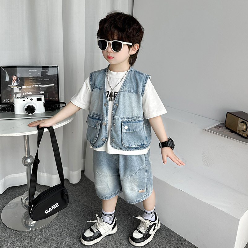 7261 Conjunto de chaleco para niños, moda para niños guapos, calle frita, ropa de verano, ropa de verano roja, traje de mezclilla de tres piezas, verano