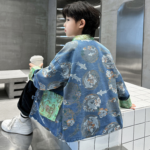 Boys' Hanfu 2024 Spring and Autumn Chinese Style Denim Jacket, Traditional Chinese Children's Nationality Costume Top, Tang-style Formal Dress