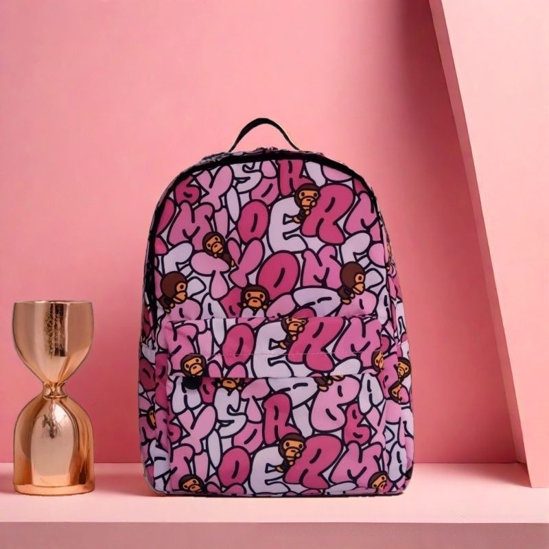 Cross-border Bape backpack, featuring a cartoon monkey and letter design, suitable for students, both male and female, a casual and fashionable backpack, a trendy brand, and a couple's item