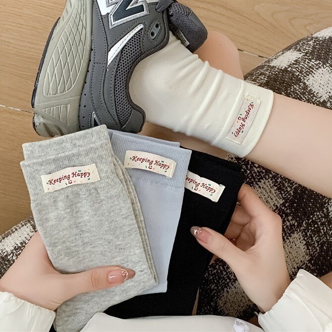 Japanese Style Cloth Label Stacking Socks Girls College Simple Style Socks Spring and Summer Breathable All-match Mid-tube Socks Women's Cotton Socks