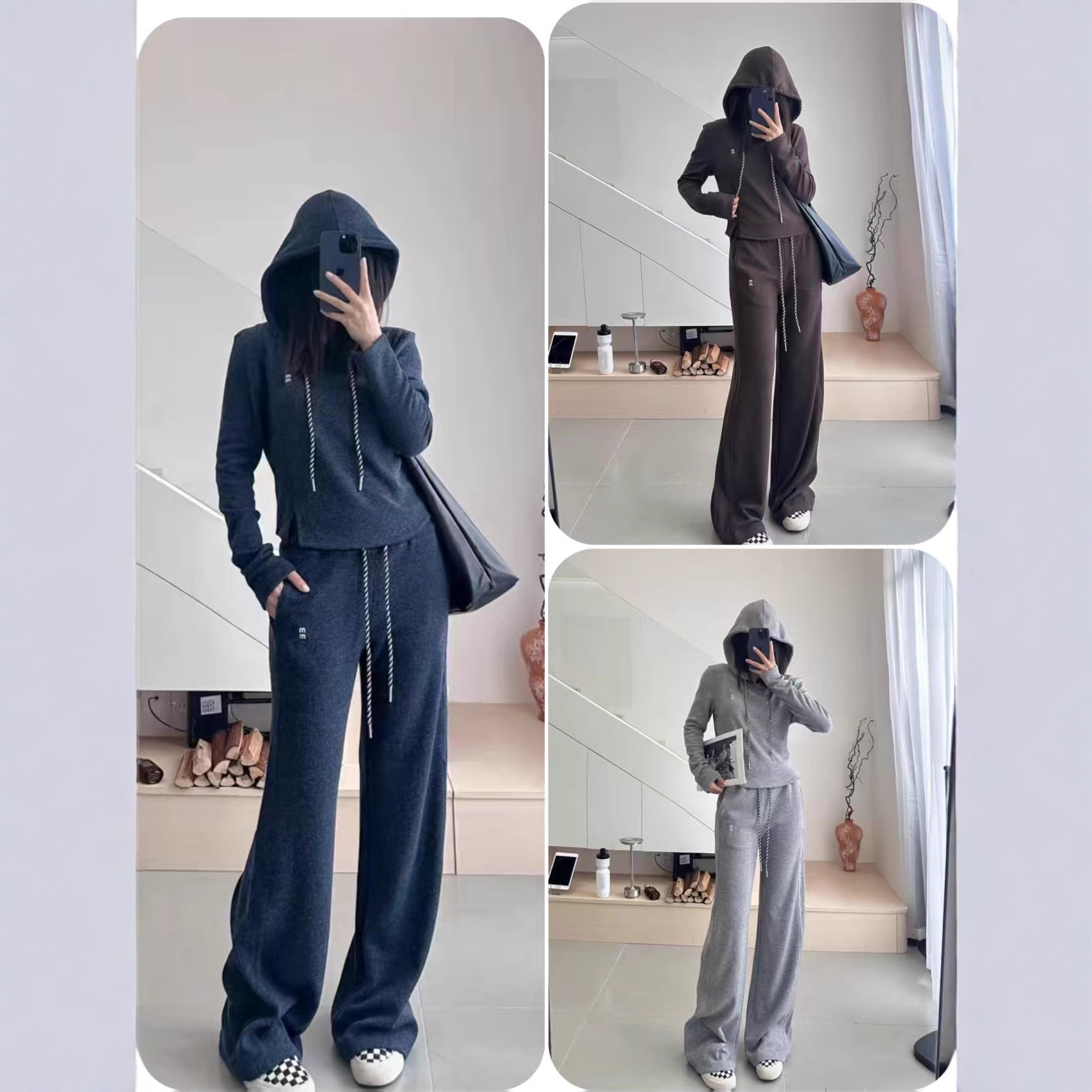 25 Autumn and Winter New Style Miaojia Three-Color Letter Embroider Casual Sports Hooded Drawstring Sweatshirt Wide-Leg Pants Suit for Women