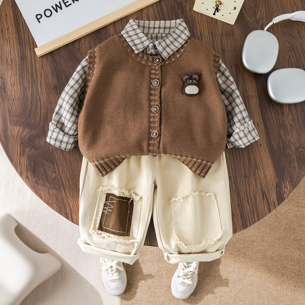 Bos' Spring And Autumn 2025 New Fashionable Children's Stlish Bab 3D Bear Head Cardigan Sweater Three-Piece Set_voghion.com