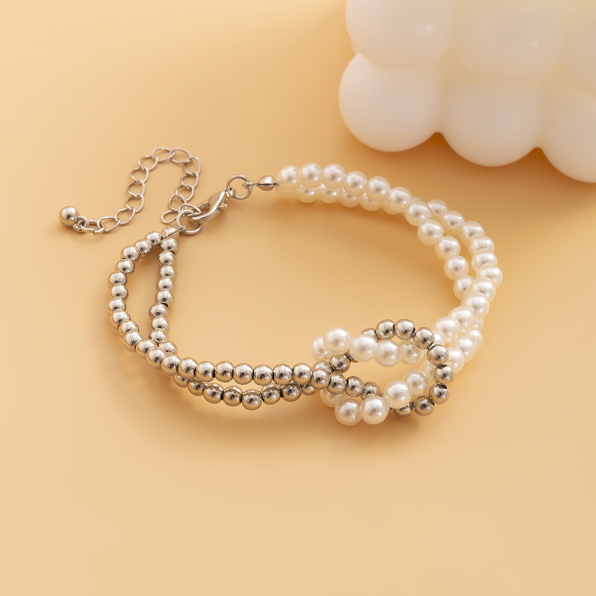 Simple Fashion Imitation Pearl Stitching round Beads Knotted Cross Geometric Resin Bracelet