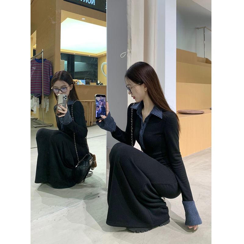 韩系黑色polo领针织连衣裙女秋冬大衣内搭修身收腰气质打底连衣裙|undefined