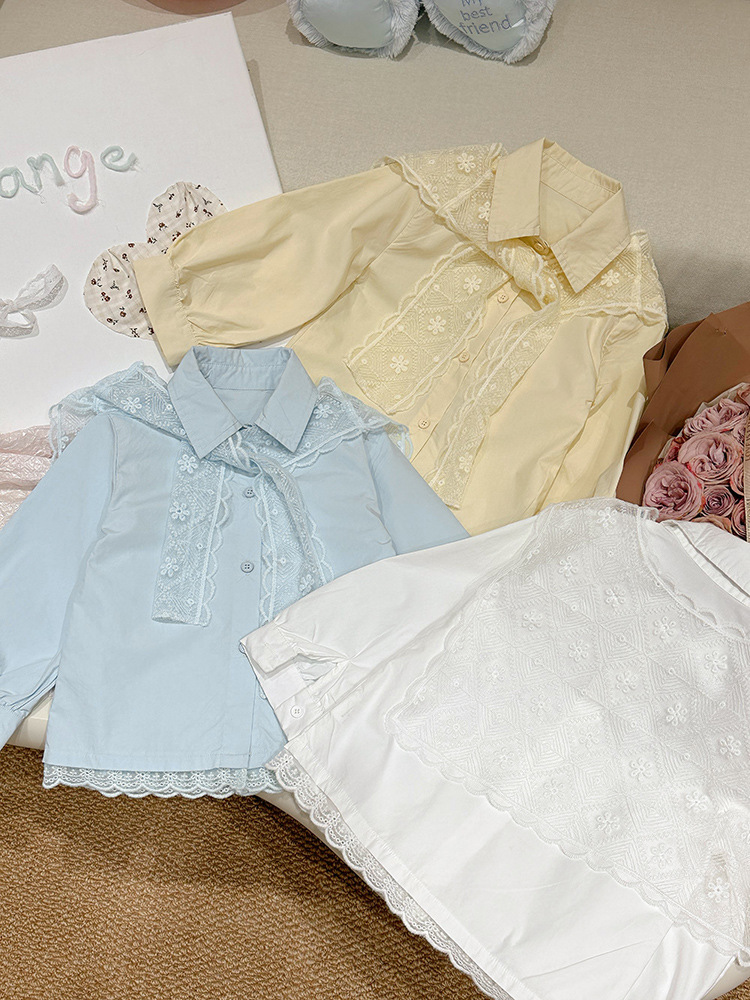 Ropa infantil de niñas de primavera Top diseñador de primavera 2025 nueva camisa de chale de encaje universal de manga larga