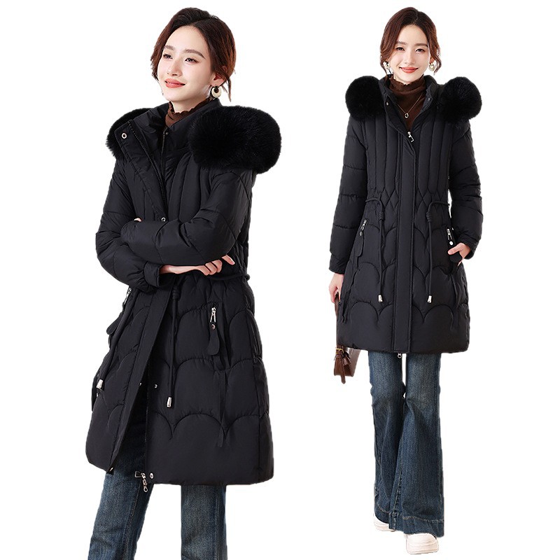 25 ropa de algodón delgada y gruesa de estilo largo y medio, abrigo de comercio exterior de mujeres, cuello de pelo grande desmontable, chaqueta de algodón cálida, pluma de algodón