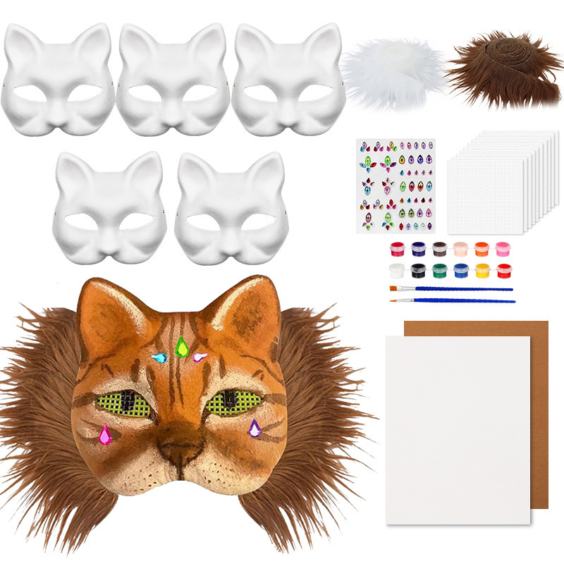 クロスボーダー DIY 猫フェイスマスクセットには、空白の猫マスクぬいぐるみフェイクファーメッシュ猫マスクが含まれています|undefined