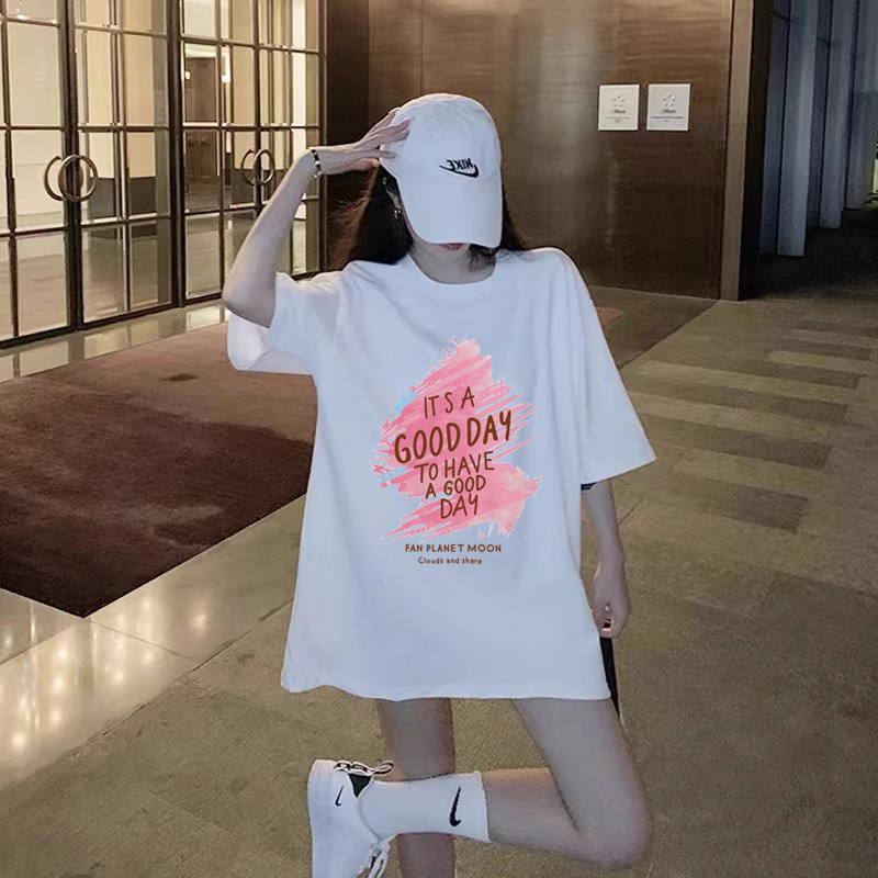 2025 New Summer Letter Good White Top Covering Buttocks Mid-Length Large Version Loose Short-Sleeved T-Shirt Women's Clothing