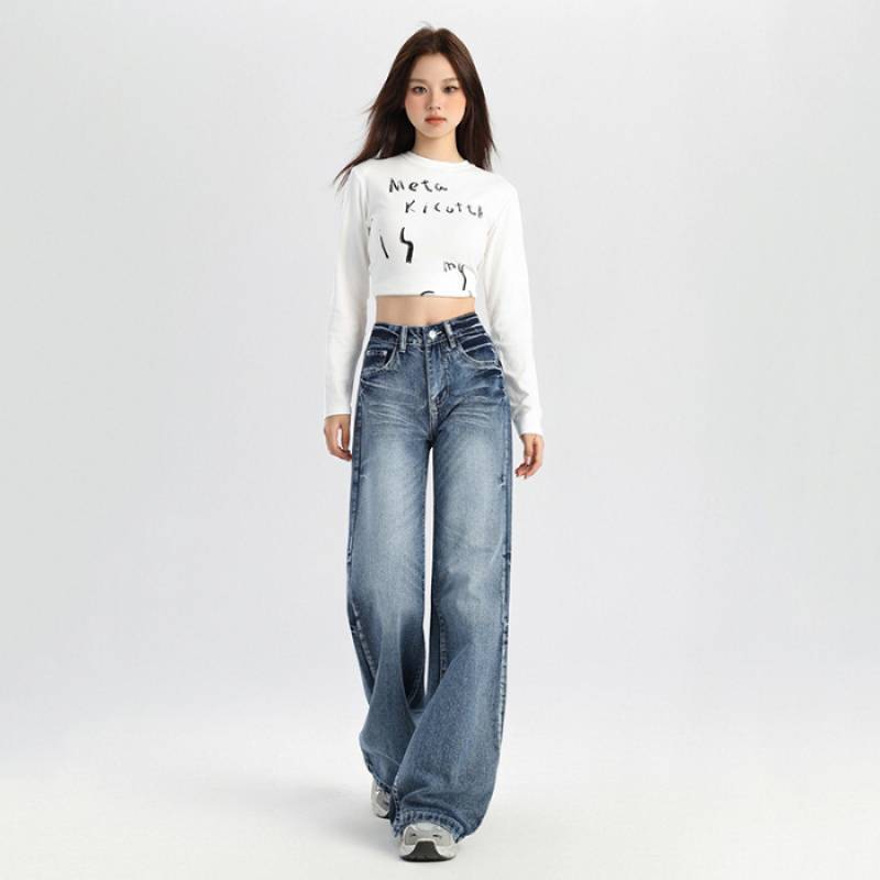 卸売りの復古的な低い腰の小さいラッパのジーパンの女性の秋のひびの跡は水のアメリカのゆったりしているラッパの広い足のズボンを洗います。|undefined