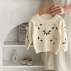 ins2023 new autumn style 0-3 year old female baby baby handmade flower embroidered pullover sweater sweater top
