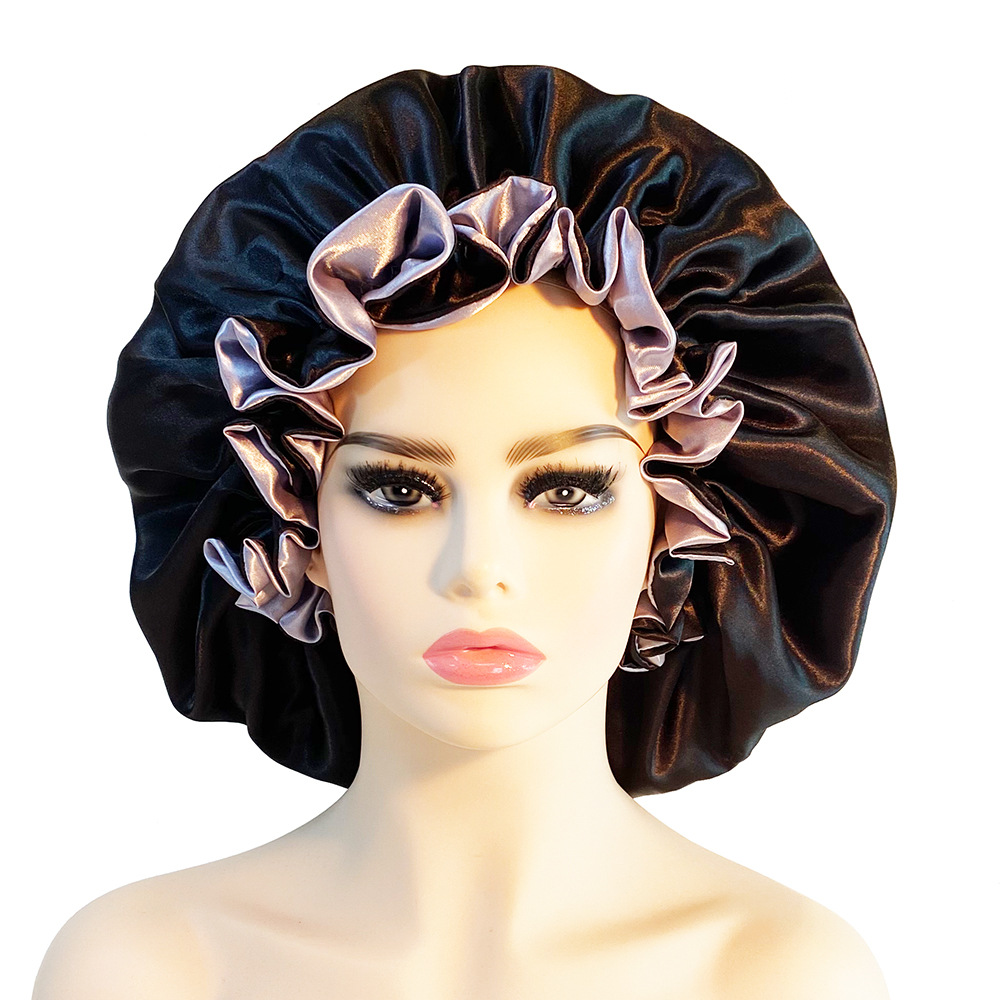 Doppellagige Satin-Nachtmütze mit Manschetten und Ohrringen, Duschhaube mit Spitze, Hausmütze, große Größe, Prinzessinnenhut für Damen_voghion.com