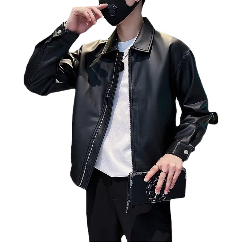 Ruan Shuai hombres ropa de motocicleta solapa chaqueta de cuero 2023 nuevo abrigo de cuero de los hombres de la marca de moda de los hombres de otoño e invierno