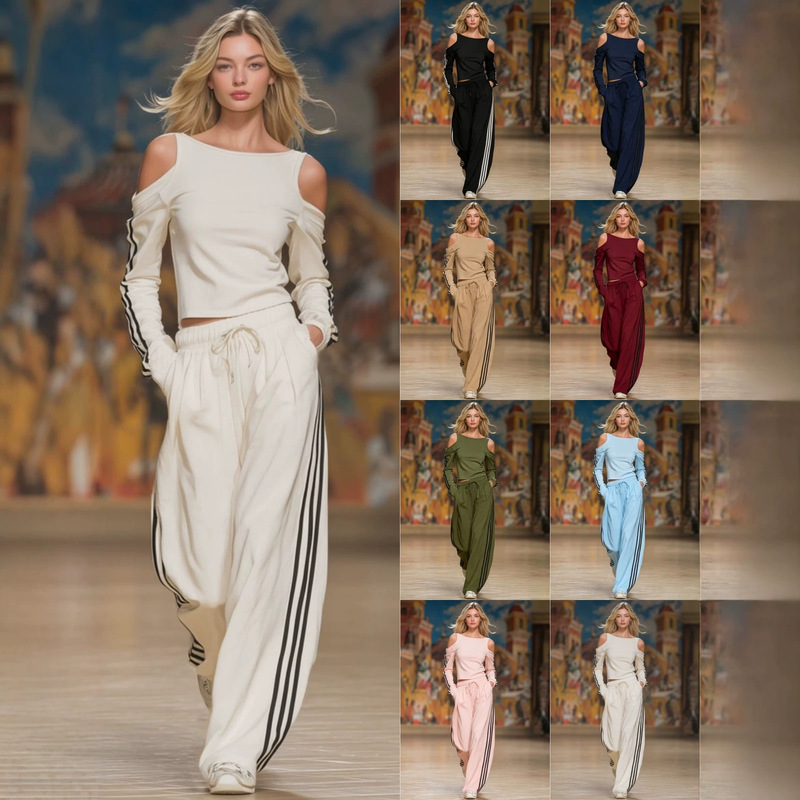 Cross-border 2026 summer new collection: off-the-shoulder casual and fashionable pants and long-sleeved top set, perfect for vacation and stylish women's wear