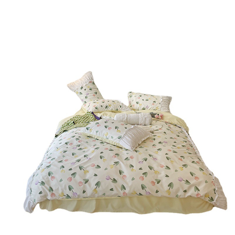 ins夏法式田园小碎花公主风床上四件套花边被套床裙床单厂家批发