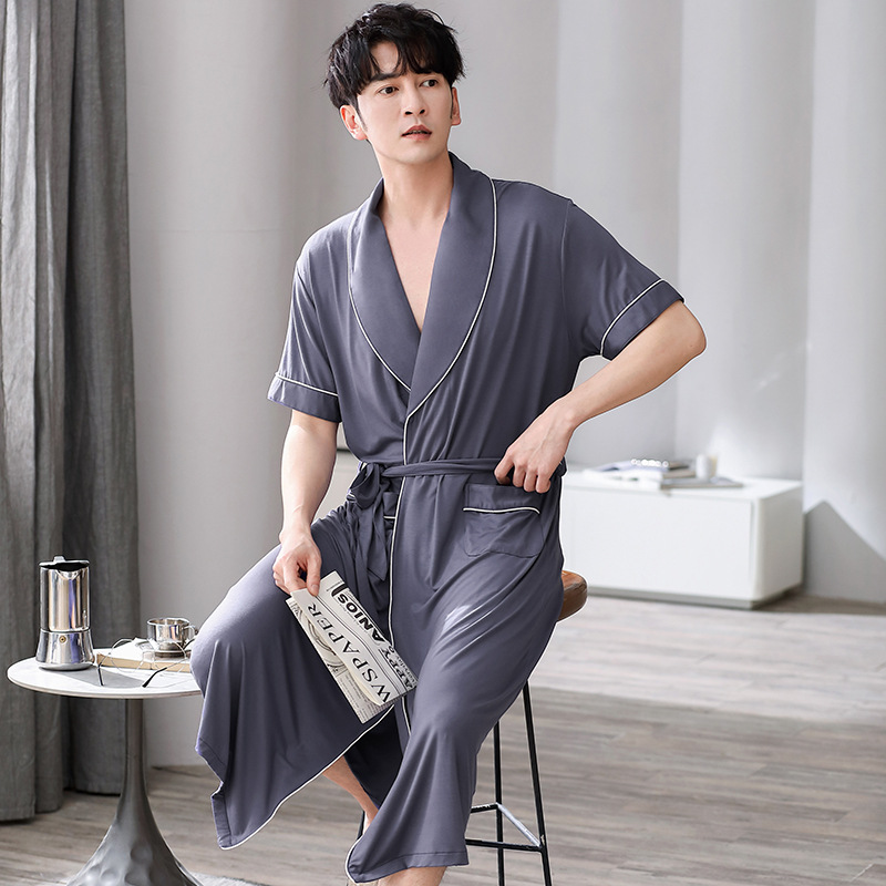 Modacell Men's Summer Robe Pajamas, Long Sleeve Loose Youth Bath Robe, Cool Sensation Plus Size Home Clothes