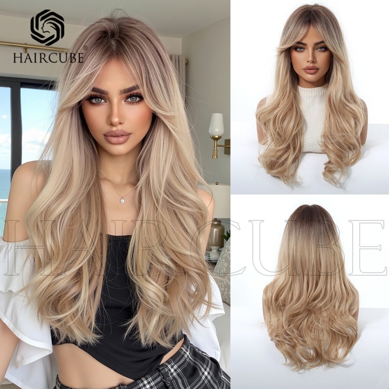 ヨーロッパとアメリカのファッショナブルなロングカーリーヘアグラデーションバンググラデーションゴールデン化学繊維ウィッグ女性用ヘッドギア在庫卸売工場|undefined