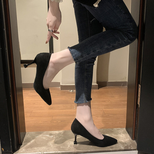 High Heel Women's Spring and Autumn Style Pointed Toe Slim Heel Black Professional Work Shoes for University Students and Etiquette Single Shoes
