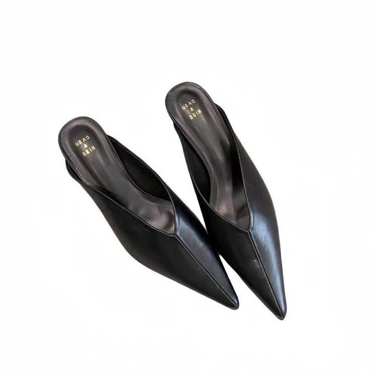 2025 Winter New Pointed Toe Half-Slipper Thin Heel Solid Color French Style Versatile Elegant Slip-On Shoes_vogvips.com